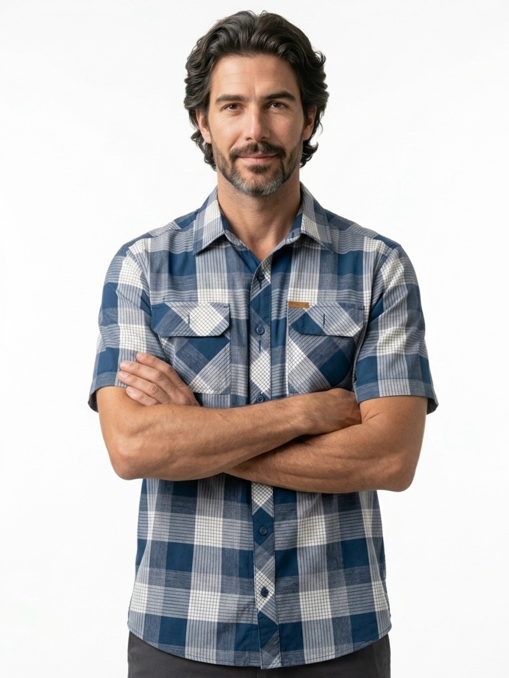 Orvis Blue and White Plaid Short-Sleeve Button-Down Shirt